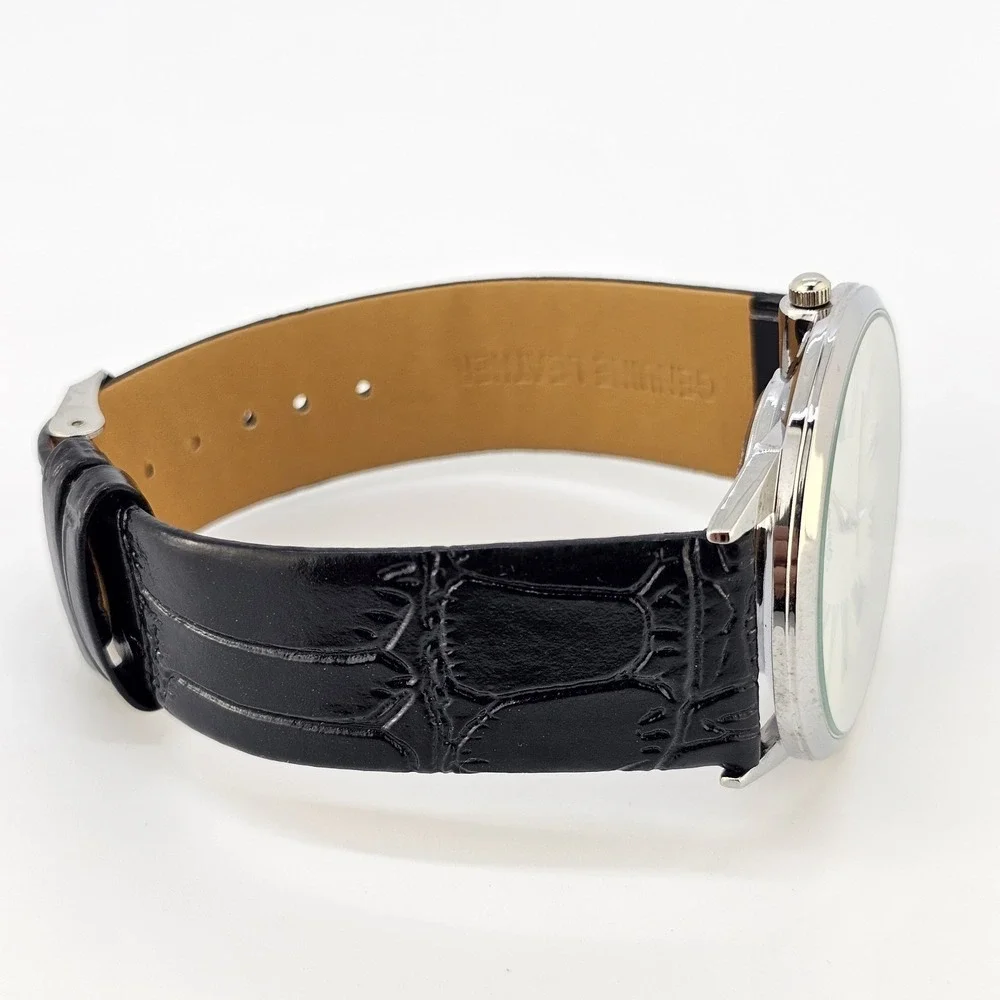 42MM Men's Watch‎ Roman Numerals Tan Dial Black Leather Bands New Battery